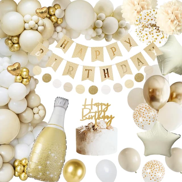 Geburtstagsdeko, Deko Geburtstag Mädchen Junge, Kindergeburtstag Deko, Happy Birthday Deko mit Banner Ballon Girlande Pompons Beige Gold für Frauen Mann Geburtstag Party Deko