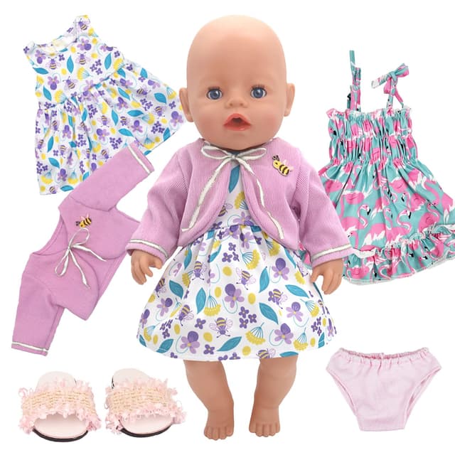 Xerteam Puppenkleidung für 14-16 Inch Baby Puppen, 2 Sets Sweet Outfits Frack Mantel Hausschuhe Unterwäsche, Puppenkleidung für 43 cm Puppen Mädchen Sommer Geburtstagsgeschenk(Keine Puppe)