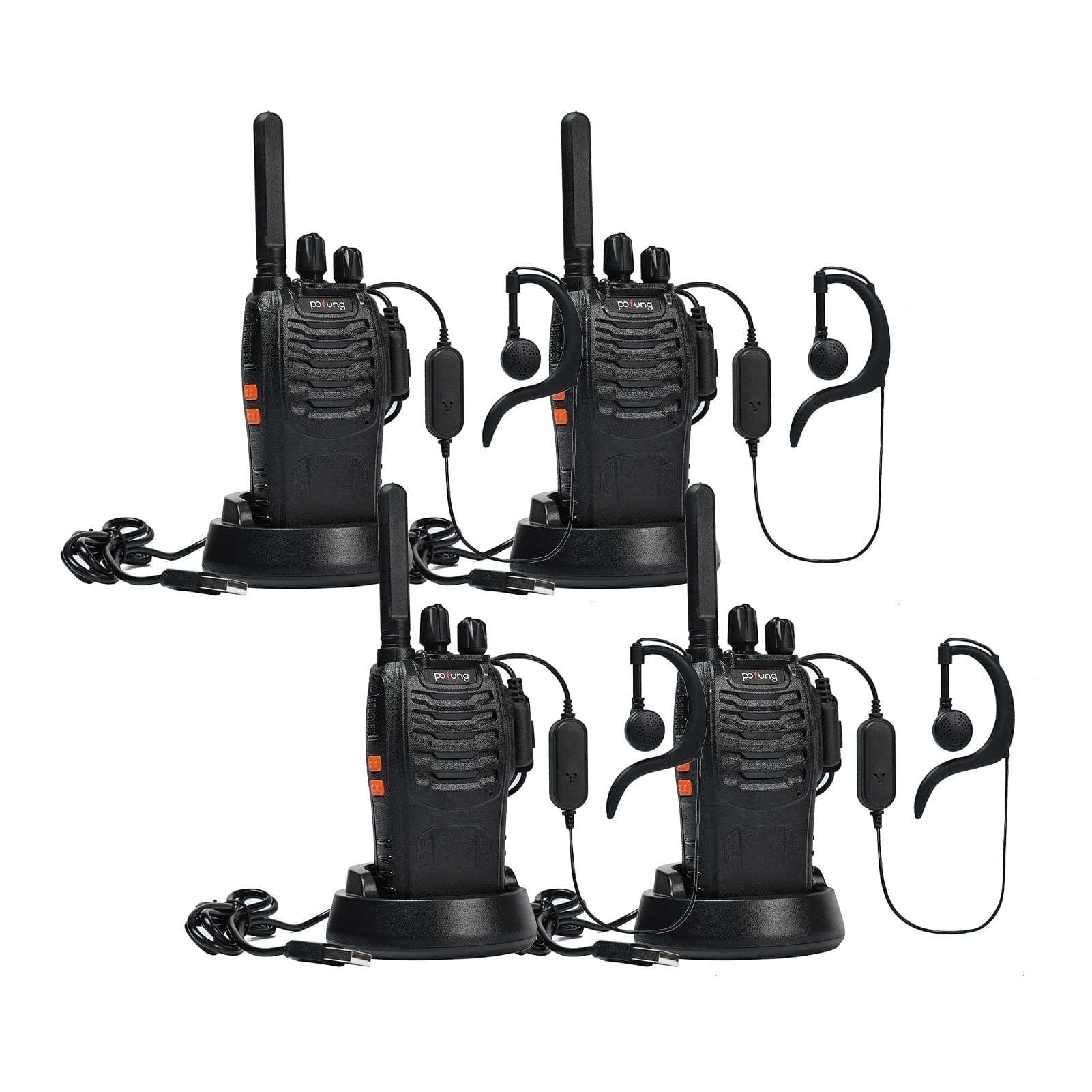 Walkie Talkie PMR446 lizenzfreies Zwei-Wege-Funkgerät, pofung PT88E 16 Kanäle Professionelle wiederaufladbare mit großer Reichweite USB-Ladestation und Hörmuscheln Schwarz 4 Stück 4 Stück mit USB-Ladegerät