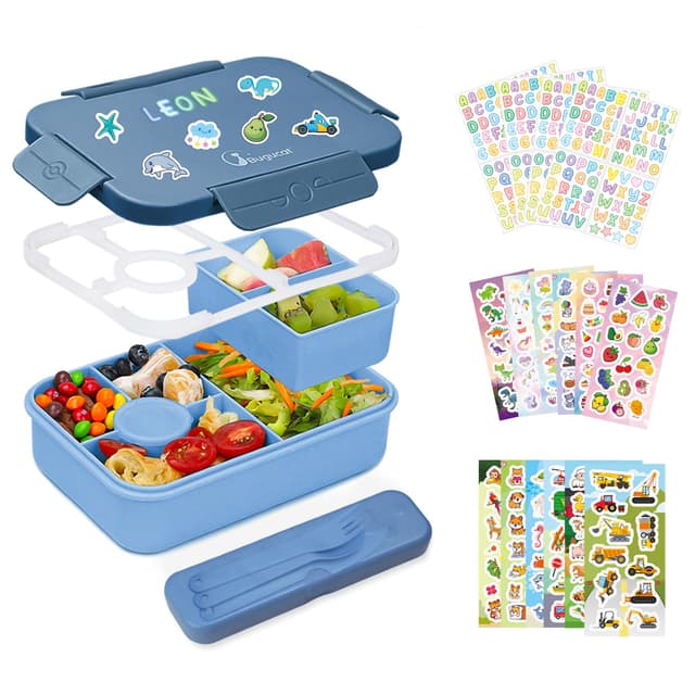 Bugucat Brotdose Kinder mit Fächern 1300ML, Auslaufsicher Lunchbox Kinder mit 16 Aufkleber, Bento Box mit Besteckset, Brotdose Vesperdose Frühstücksbox für Mädchen & Jungen,Dunkelblau