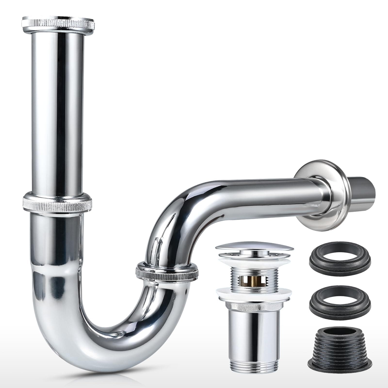 Cieex Universal Siphon Waschbecken, Röhrensiphon Ablaufgarnitur, Abflussrohr Waschbecken Syphon 1 1/4" inkl. Gummimanschette +Waschbeckenstöpsel