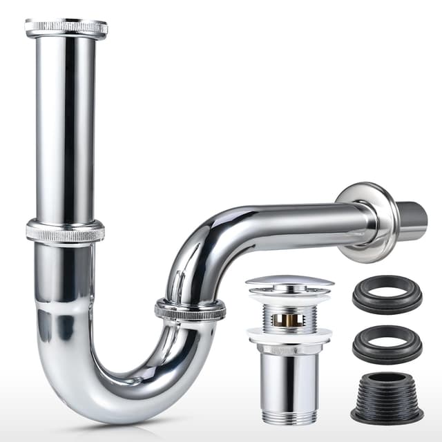 Cieex Universal Siphon Waschbecken, Röhrensiphon Ablaufgarnitur, Abflussrohr Waschbecken Syphon 1 1/4" inkl. Gummimanschette +Waschbeckenstöpsel