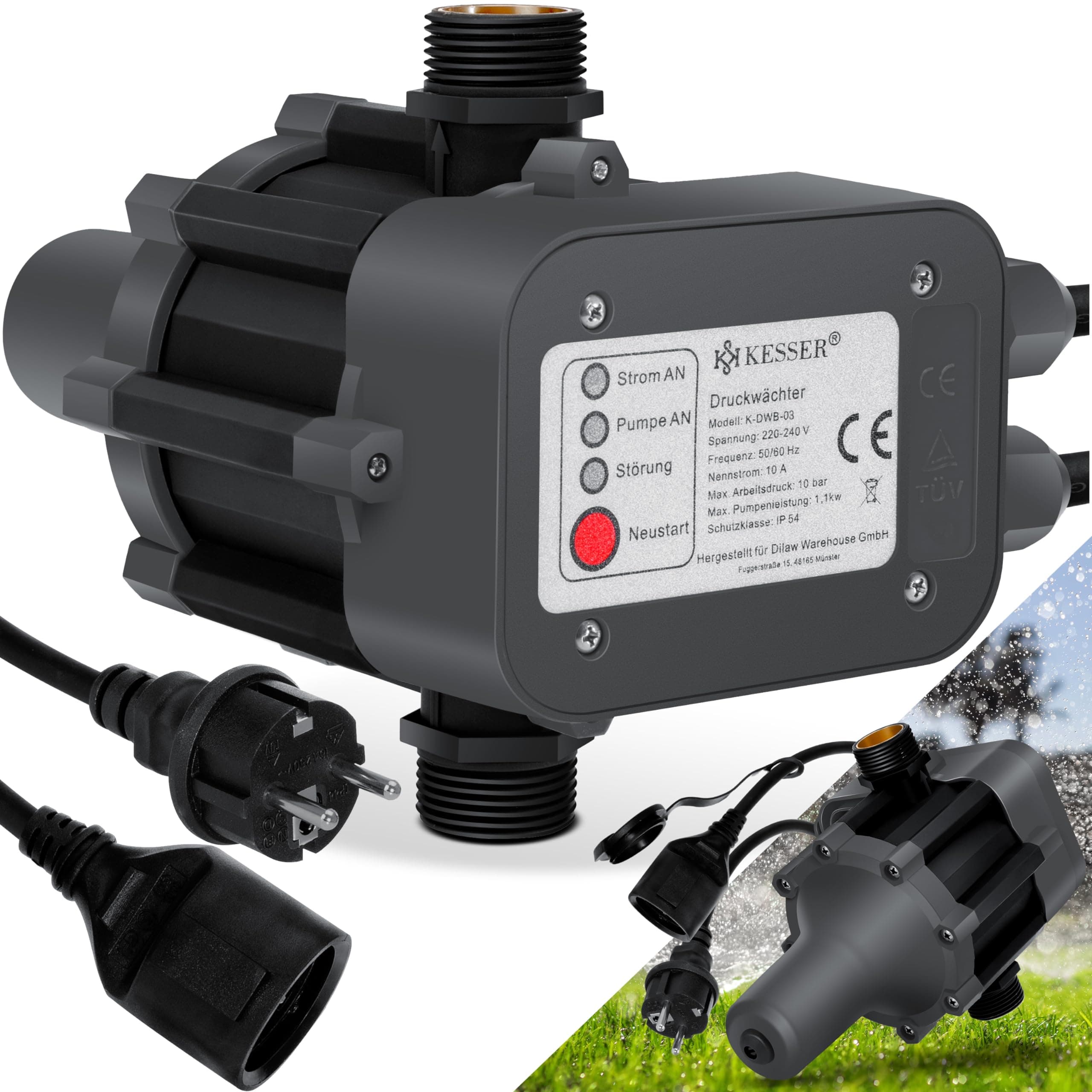 KESSER Druckwächter Druckschalter | 10bar | Pumpensteuerung | Hauswasserwerk | Gartenbewässerung | Mit Kabel | konstanter Wasserdruck | Garten & Haus | automatisches Ein- und Ausschalten | Anthrazit Anthrazit / Schwarz