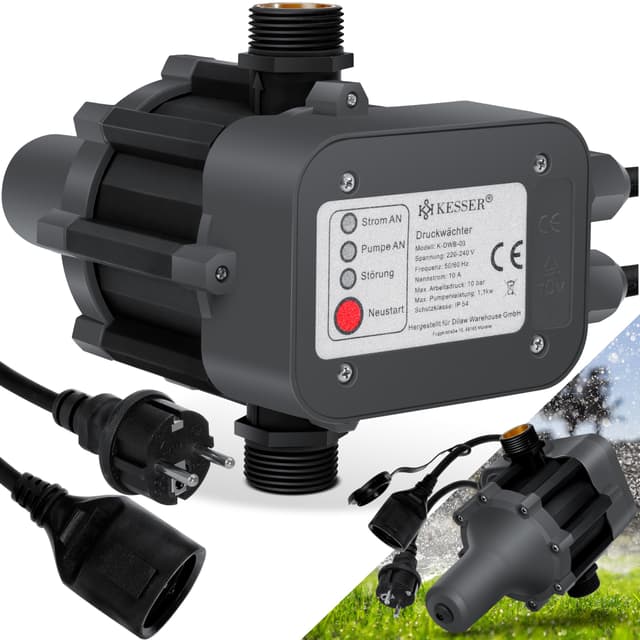 KESSER Druckwächter Druckschalter | 10bar | Pumpensteuerung | Hauswasserwerk | Gartenbewässerung | Mit Kabel | konstanter Wasserdruck | Garten & Haus | automatisches Ein- und Ausschalten | Anthrazit Anthrazit / Schwarz