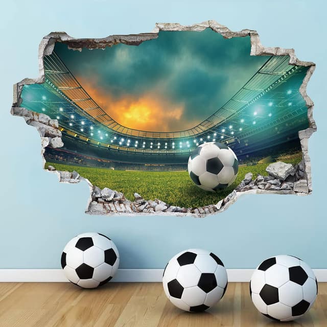 TOARTI 3D Fussball Arena Wandtattoo,Durchbruch Wandaufkleber für Kinderzimmer Jungen,3D Wandtattoo Fußball,Bunte FussballWandbild Jugendzimmer,Teenager Schlafzimmer Deko Wandaufkleber Geschenk Fußball 10