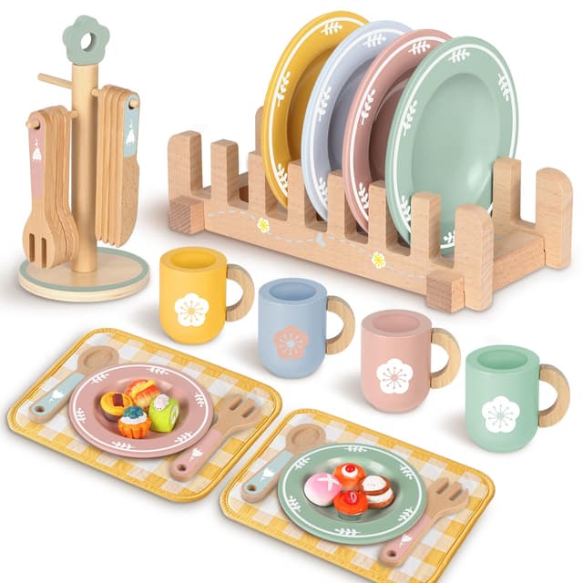 Charmofun Teeservice Kinderküche Zubehör Holz, 30 PCS Teeservice Kinder Holz, Spielküche Kinder küche zubehör mit Kleine Kuchen und Gebäck, Teeparty Set für Jungen und Mädchen ab 3 Jahre