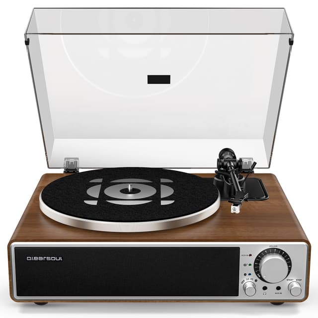 Qlearsoul ONE-Q Schallplattenspieler, All-in-One HiFi-Plattenspieler mit eingebauten Lautsprechern, Bluetooth 5.4, Phono-Vorverstärker, Magnetkartusche AT-3600L, 33/45 U/min, Zwei Geschwindigkeiten Nussbaum
