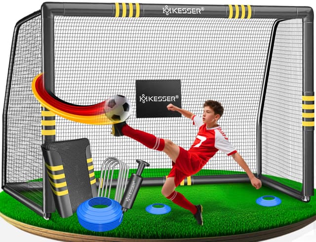 KESSER® Fußballtor für Garten Robustes Outdoor Training Schusstraining UV-beständigem Netz, Stahlrahmen mit Polsterung, Erdhaken, Luftpumpe, Hüttchen, Montagezubehör für Kinder und Erwachsene 240cm Anthrazit