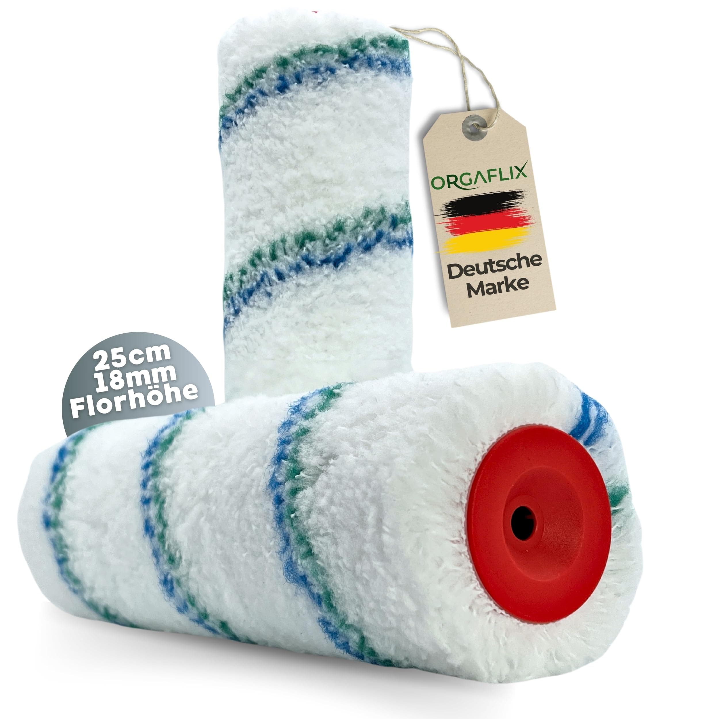 ORGAFLIX Profi Farbwalze 25cm - 2 Stück - Ideale Farbaufnahme und Abgabe - Florhöhe ca. 18mm, Kern 48mm, Farbroller Wandfarbe, Malerrolle groß, Farbrolle, Malerwalze, Maler-Zubehör, Maler-Set 2x 25cm - 18mm Flor