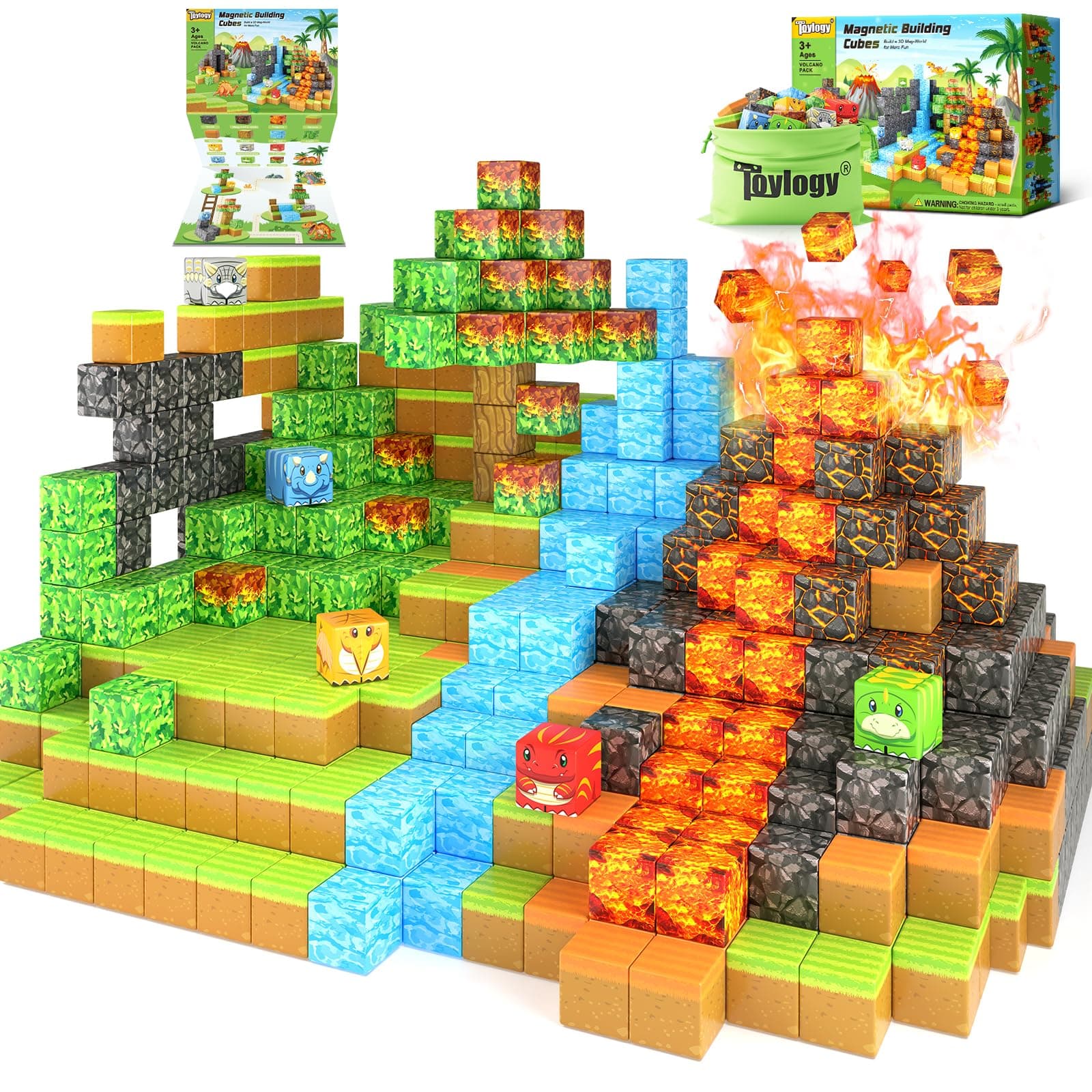 Toylogy Magnetische Bausteine Dinosaurier Spielzeug - Build Mine Magnet Welt Vulkan Edition, Kinderspielzeug für Jungen und Mädchen ab 3+ Jahren, Jurassis Montessori Spielzeug, Geschenke für Kinder