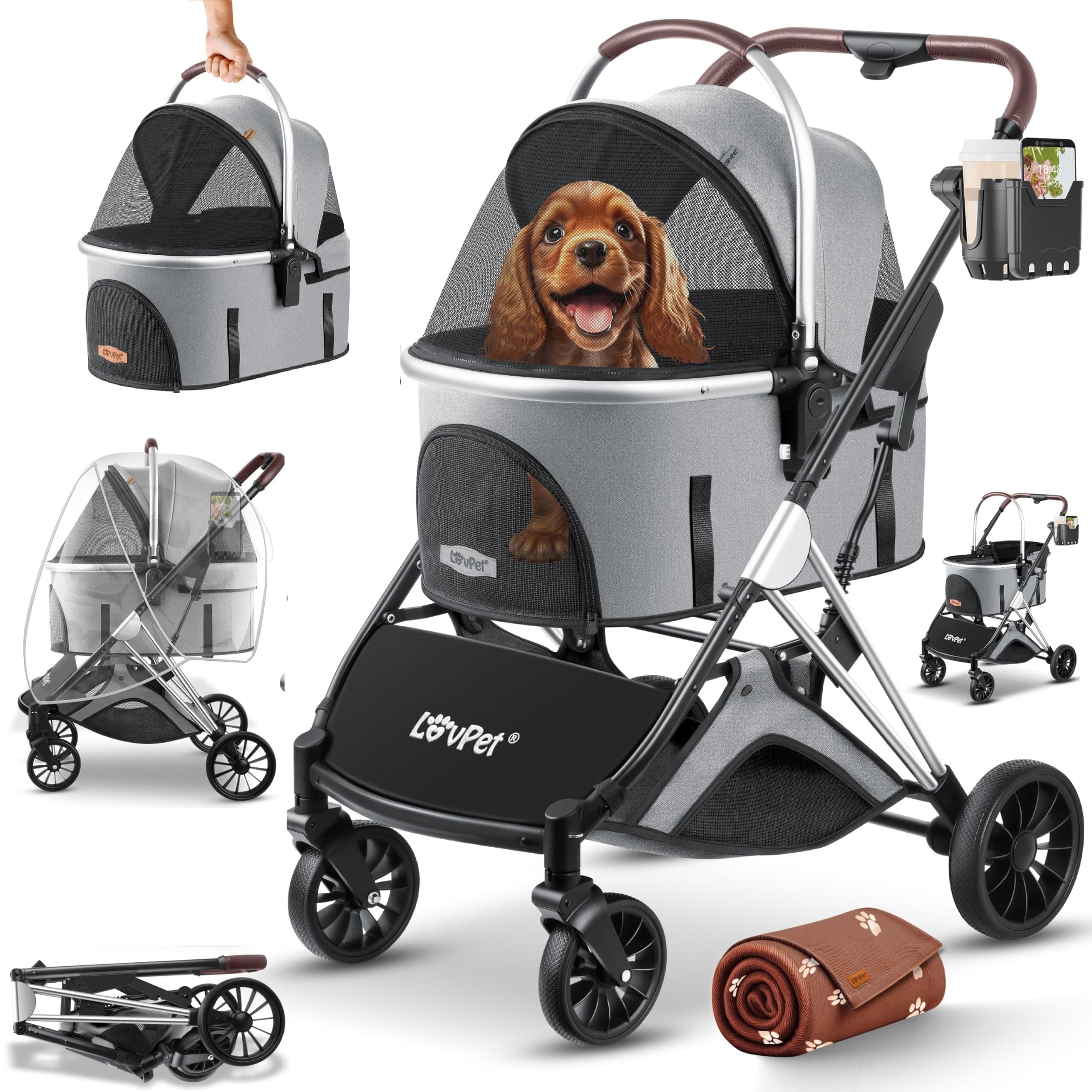 LOVPET® Hundewagen 3in1 Hundebuggy bis 20kg Hundebox Transporttasche faltbar klappbar Große Räder Netzfenstern Regenschutzabdeckung Getränkehalter Kuscheldecke Katzenbuggy Jogger Buggy für Haustiere Grau / Silber
