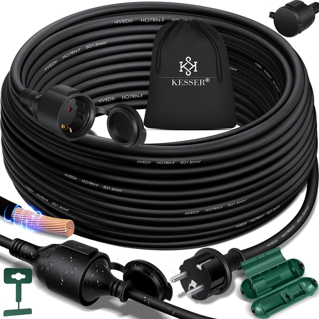 KESSER® Verlängerungskabel 30m mit Schutzkappe Outdoor - für Innenbereich Außenbereich - Verlängerung Stromkabel – 230 V IP44 - mit Schuko Stecker - Schutzkontakt Baustellenkabel Schutzkontaktstecker 30m Schwarz