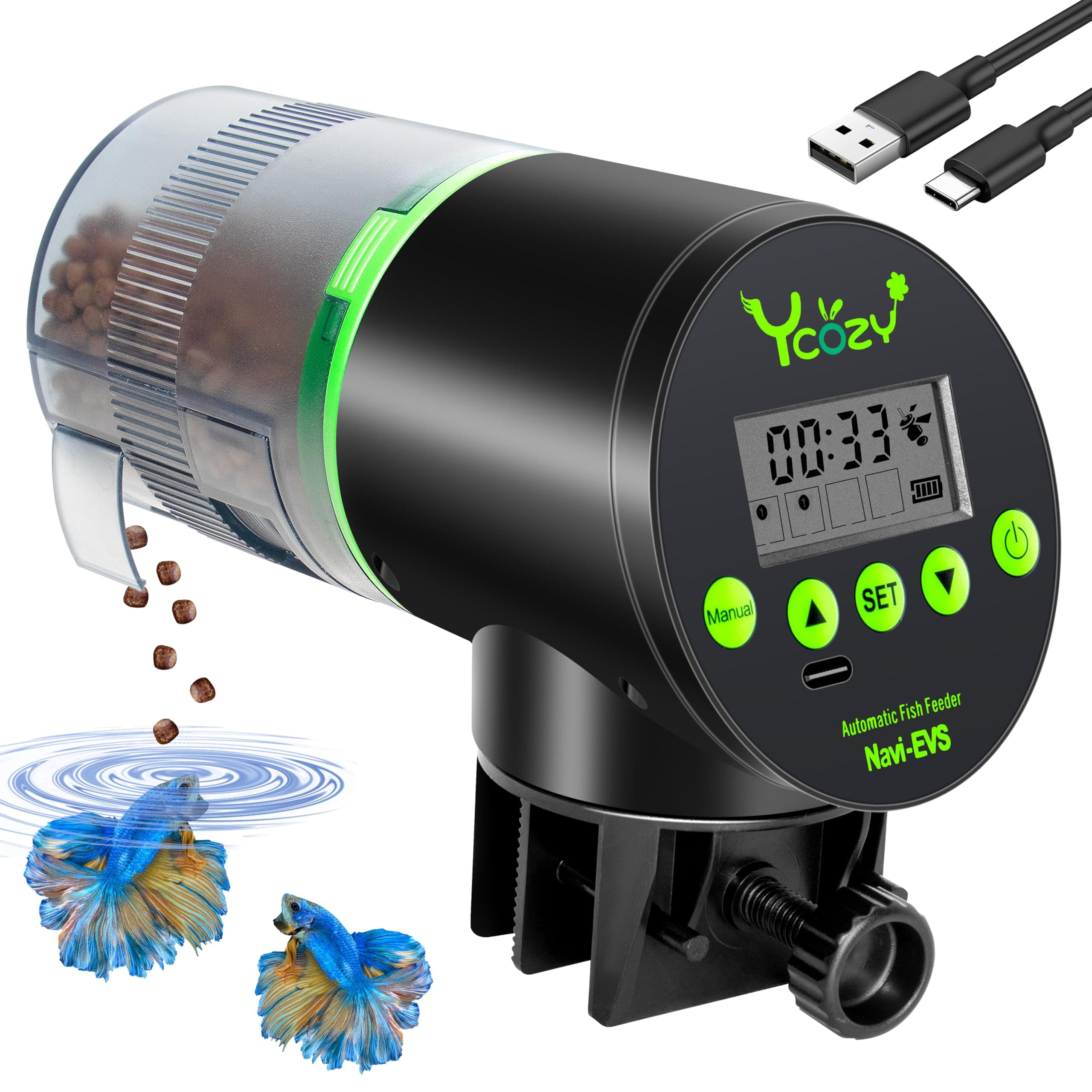 Ycozy Futterautomat Aquarium mit Feuchtigkeitsdichter Abdeckung Fischfutter Automat mit Typ-C Ladekabel LCD-Anzeige für Aquarium Fischtank Navi-EVS Wiederaufladbare