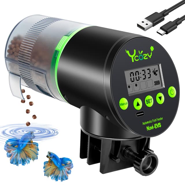 Ycozy Futterautomat Aquarium mit Feuchtigkeitsdichter Abdeckung Fischfutter Automat mit Typ-C Ladekabel LCD-Anzeige für Aquarium Fischtank Navi-EVS Wiederaufladbare