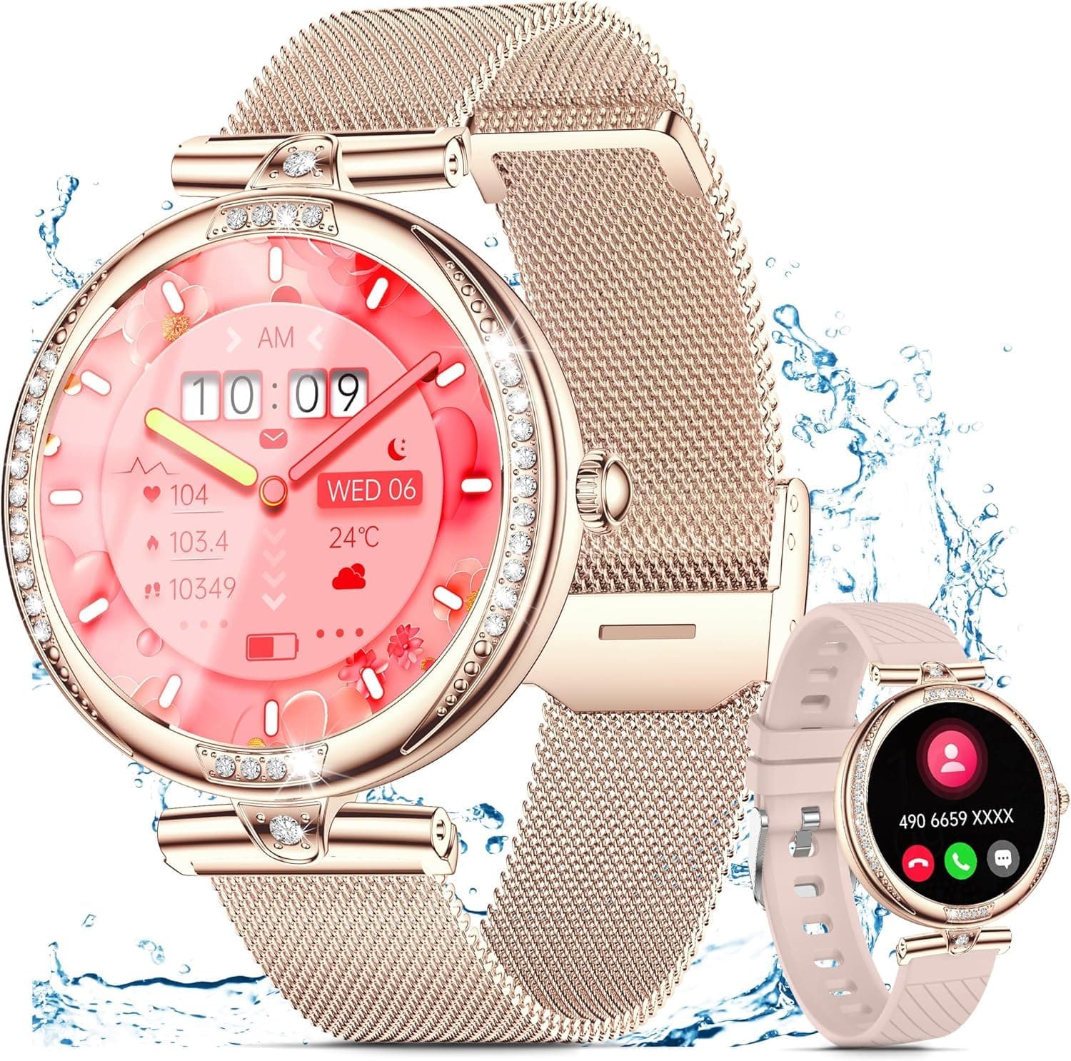 Smartwatch Damen mit Telefonfunktion 1.19" AMOLED Touchscreen IP68 Diamond Smart Watch mit 24H Pulsuhr Menstruationszyklus 120+ Sportmodi Schrittzähler Kalorien Fitness Tracker iOS Android (Rosegold)
