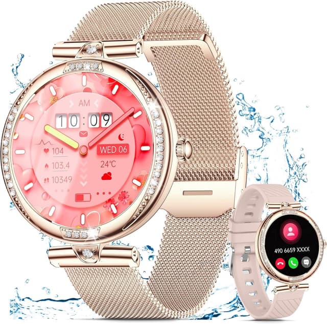 Smartwatch Damen mit Telefonfunktion 1.19" AMOLED Touchscreen IP68 Diamond Smart Watch mit 24H Pulsuhr Menstruationszyklus 120+ Sportmodi Schrittzähler Kalorien Fitness Tracker iOS Android (Rosegold)