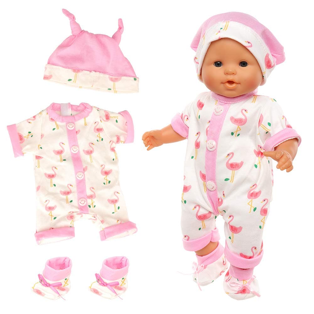 Miunana Kleidung Bekleidung Outfits für Baby Puppen, Puppenkleidung 35-43 cm, Overall Hut Socke für Baby Little Puppen Flamingo