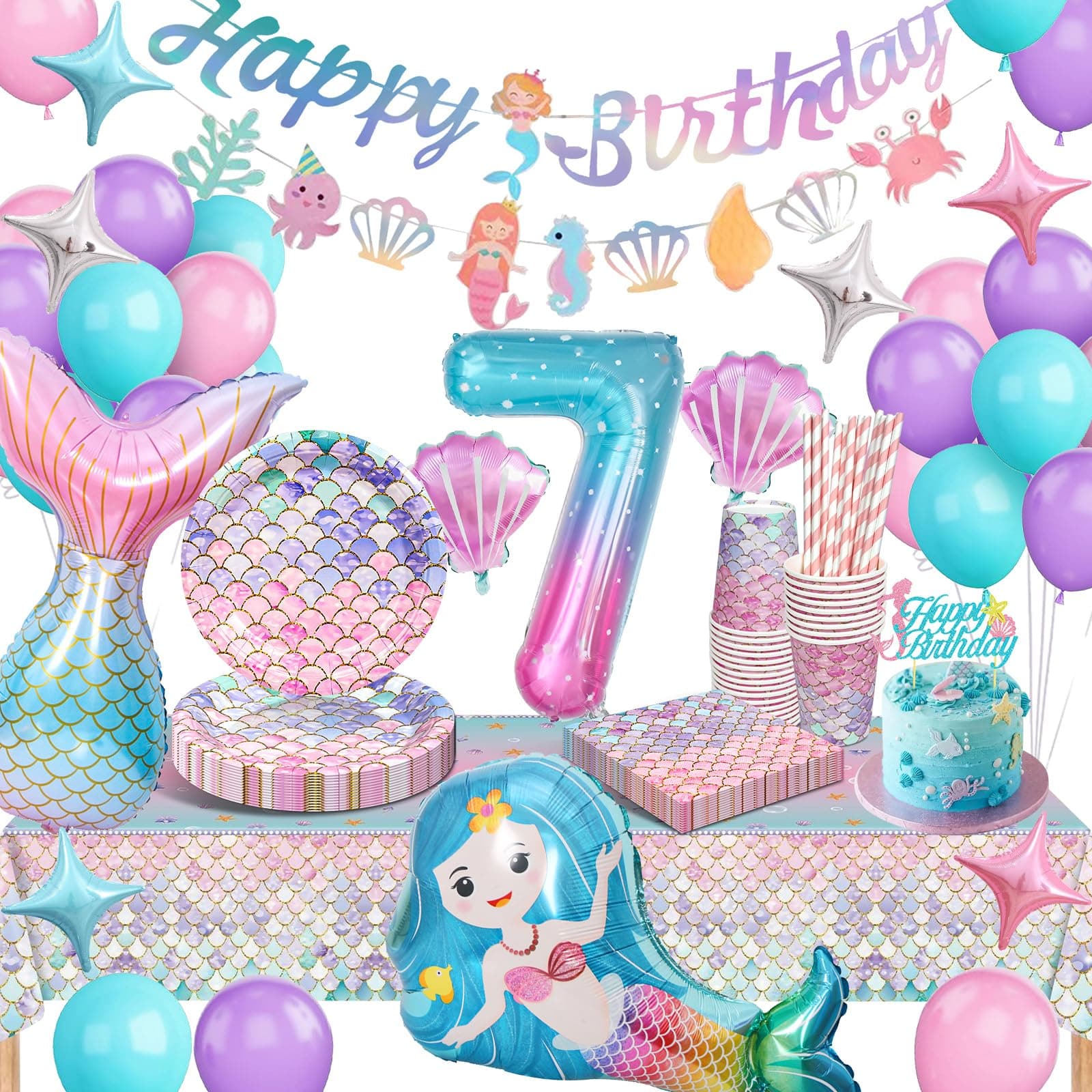 yosiio Meerjungfrau Partygeschirr Set, Meerjungfrau Geburtstag Deko 7 Jahre, Geburtstag Party Geschirr, Pappteller Kindergeburtstag Deko mit Luftballons für Geburtstagsdeko Mädchen 7 Jahre 16 Gäste