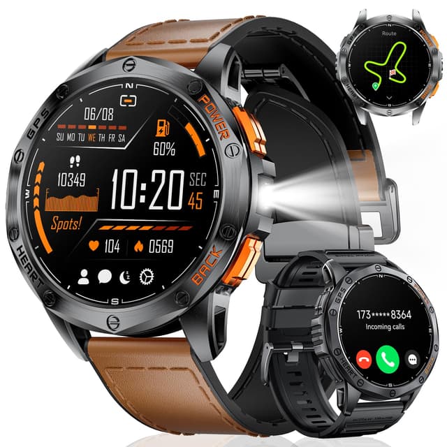 DREMAC DM1 GPS Smartwatch Herren 48mm-1.43‘’Amoled Display,Fitnessuhr mit 70+ Sport Modi,30 Tage Akku,IP68 Wasserdicht,Integriertes LED Taschenlampe,Barometerdruck/Höhenmesser/Kompass für iOS Android Schwarz