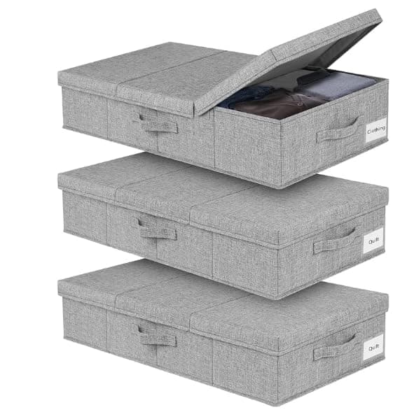 JUPELI 3 Stück Faltbarer Unterbett Aufbewahrungsbox, 15cm Hoch Unter Bett Aufbewahrungskisten Flach, Unterbettkommode Stabil mit Deckel und Griff Für Decken, Kleidung, Steppdecken, Spielzeug, Schuhe Grau3pcs