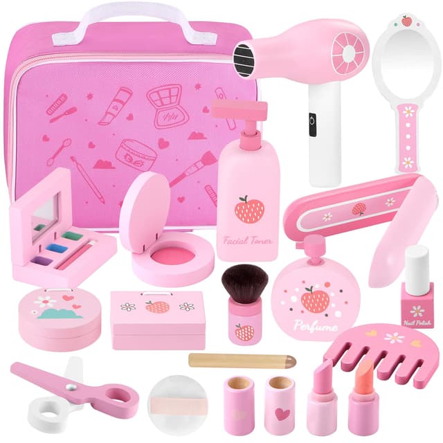 GAGAKU Holz Kinderschminke Set Mädchen Schminkkoffer Kinder 16-teiliges Schminke Friseur Beauty Set Frisierkoffer Spielzeug für Kinder Holzschminke Geburtstagsgeschenk ab 3 4 5 6 7 Jahre