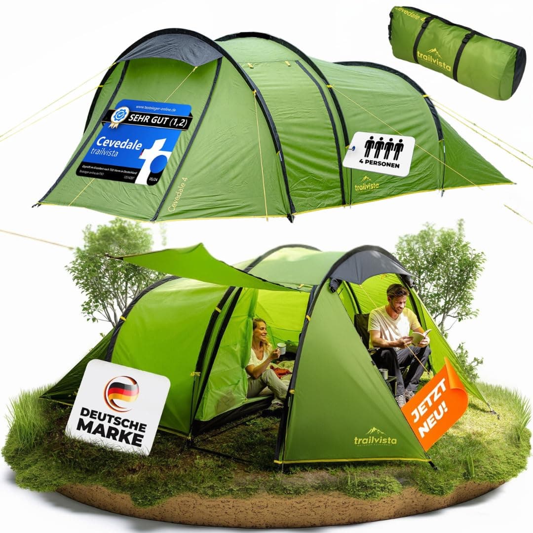 trailvista® Cevedale Zelt 4 Personen Wasserdicht, leicht, kompakt & schnell aufbaubare Zelte, Camping Zelt mit Vorzelt - Tent, Familienzelt, Tunnelzelt 4 Personen Zelt, 4 Mann Zelt wasserdicht