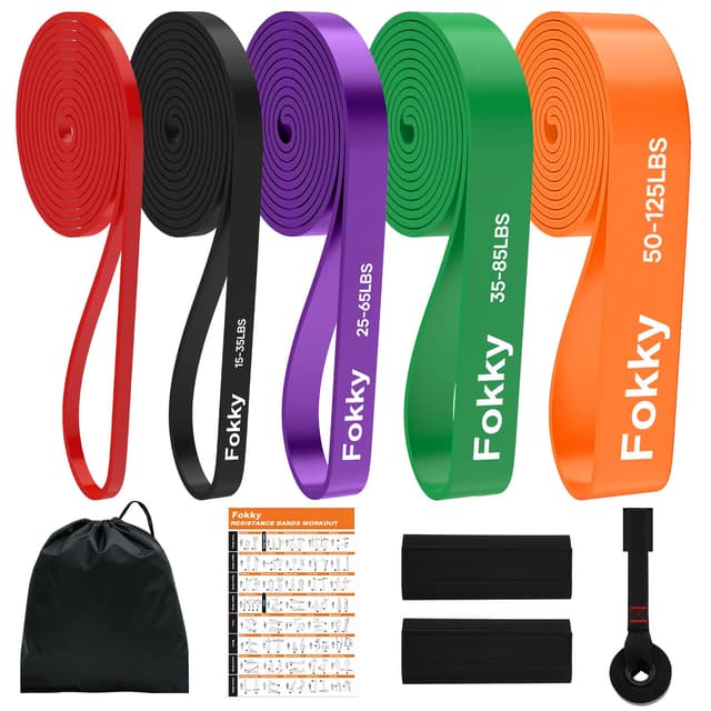 Fokky Fitnessbänder Widerstandsbänder - 5er Set, Resistance Bands mit Türanker & Schutzpads, Gymnastikband Klimmzug Bänder für Muskelaufbau, Kraftraining und Bodybuilding Rot, Schwarz, Lila, Grün, Orange