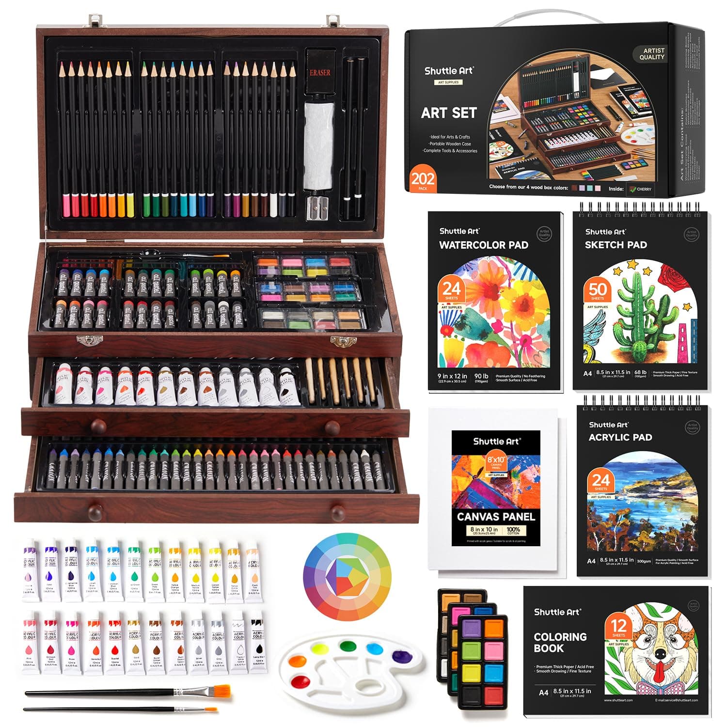 Shuttle Art 202 teiliges Malset, Deluxe Malkoffer mit Acrylfarben, Buntstift, Ölpastellkreide, Aquarellfarben, Wachsmalstifte, Malbuch, Kirsche Künstlerkoffer, Malset für Kinder und Erwachsene