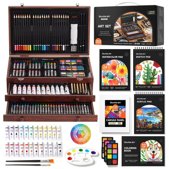 Shuttle Art 202 teiliges Malset, Deluxe Malkoffer mit Acrylfarben, Buntstift, Ölpastellkreide, Aquarellfarben, Wachsmalstifte, Malbuch, Kirsche Künstlerkoffer, Malset für Kinder und Erwachsene
