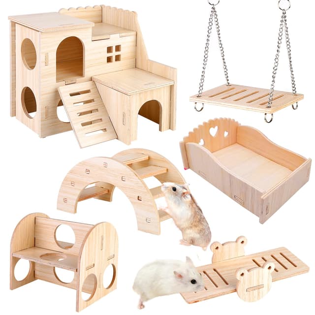 Holz Spielzeug Für Hamster, 6 Stück Kauspielzeug, DIY Haus Brücke Wippe Schaukel Käfig Dekor Zubehör Für Rennmaus, Meerschweinchen, Chinchilla, Kaninchen, Vögel