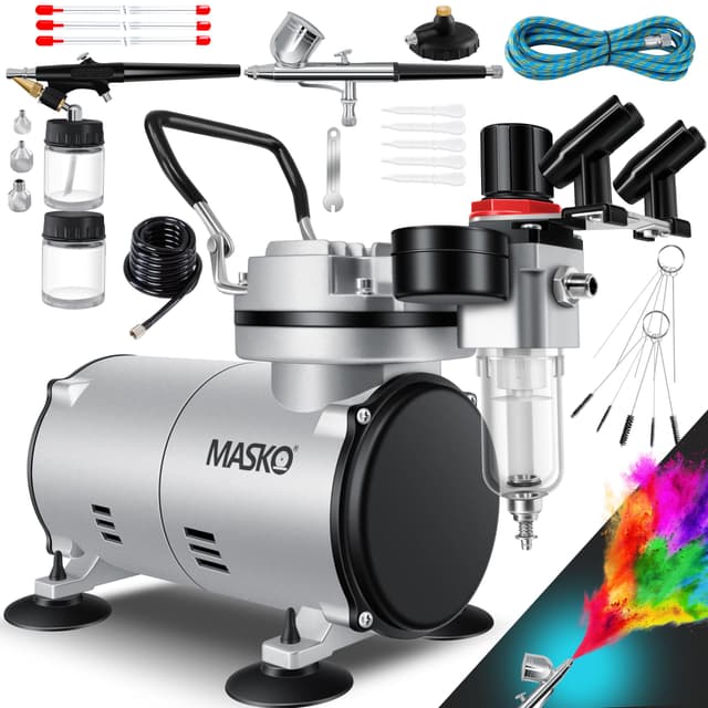 MASKO® Airbrush-Set mit Kompressor 4 bar inkl. Airbrush-Pistolen | Lackierpistole Komplett-Set Tattoo Kunst Malerei | Nadeln & Düsen im Zubehör | Multifunktions Dual-Set mit Manomter & Luftfilter Silber
