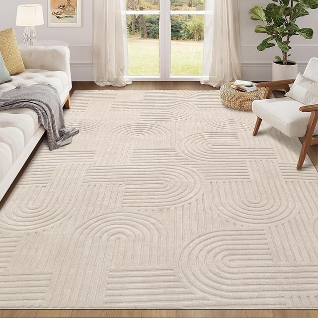 Enyhom Teppich Wohnzimmer 160x230cm, Großer Flauschiger Kurzflor Teppich Waschbarer Moderner Teppiche 3D Effekt rutschfest Teppiche für Esszimmer Küchen Schlafzimmer, Beige 160 x 230 cm Beige