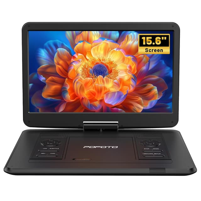 POFOTO 17,5'' Tragbarer DVD-Player mit 15,6'' Drehbarem HD-Display, 6h Akkulaufzeit, Unterstützt Mehrere Formate/SD/USB, Zonenfrei, TV/Projektor-Sync, Stoßfest & Speicherfunktion, Stereo-Lautsprecher Schwarz