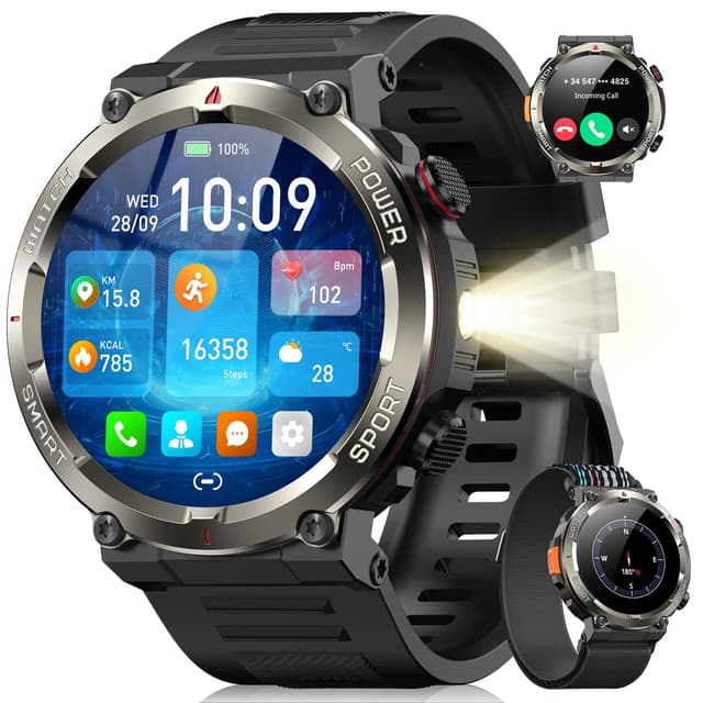 Blackview Smartwatch Herren, Beleuchtung, Kompass, IP68 Wasserdicht, 100 Tage Akku, 1,45'' Touchscreen, Bluetooth-Anruf, Herzfrequenz, Schlafanalyse, Sportuhr mit 100+ Sportmodi, Uhr für Android/iOS Schwarz