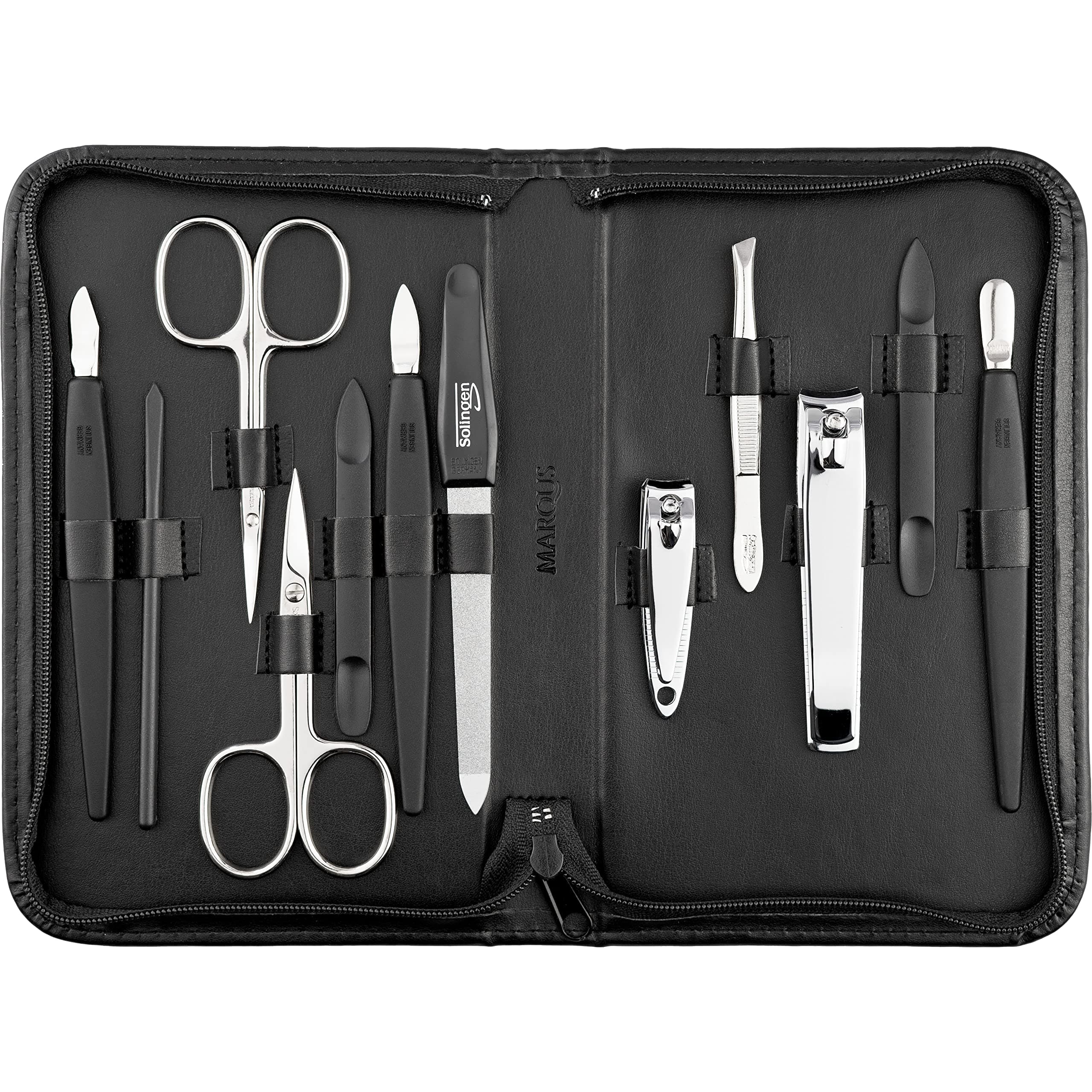 Solingen Mega Manikür Set 12 teilig - Nagelset Herren und Damen mit allem was man für die Maniküre und Pediküre braucht, in hochwertigem Kunst-Leder Etui Schwarz