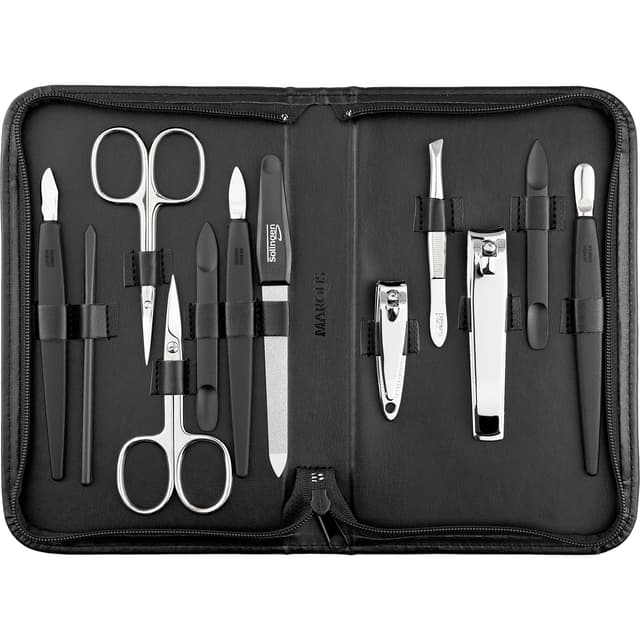 Solingen Mega Manikür Set 12 teilig - Nagelset Herren und Damen mit allem was man für die Maniküre und Pediküre braucht, in hochwertigem Kunst-Leder Etui Schwarz