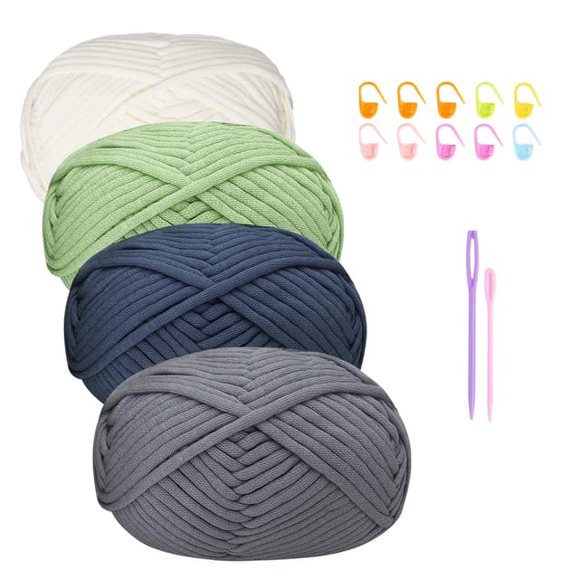 Häkelgarn Baumwolle Häkelwolle Chenille Wolle zum Häkeln 4 X 50g Häkelwolle,Crochet Yarn Dickes Baumwoll-Nylon-Mischgarn Häkelgarn für Anfänger Grau Salbeigrün Garn 4-GrÃ¼nBlau