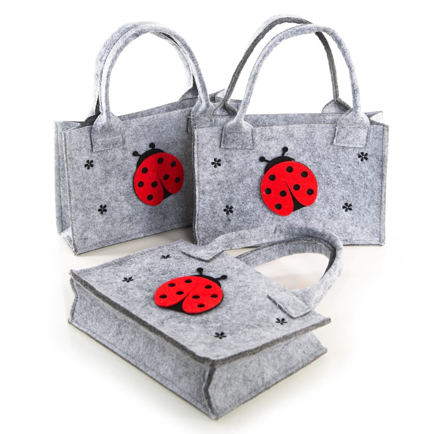 Logbuch-Verlag 3 kleine Filz Geschenktaschen Ostern Geburtstag 21 x 14 x 6 cm zum Befüllen Marienkäfer Tasche für Kinder Geburtstag Filztaschen Grau Mit Marienkäfer