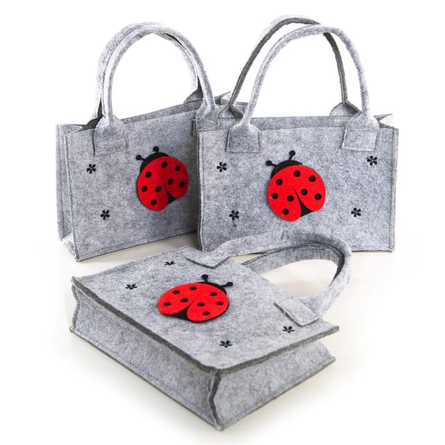 Logbuch-Verlag 3 kleine Filz Geschenktaschen Ostern Geburtstag 21 x 14 x 6 cm zum Befüllen Marienkäfer Tasche für Kinder Geburtstag Filztaschen Grau Mit Marienkäfer