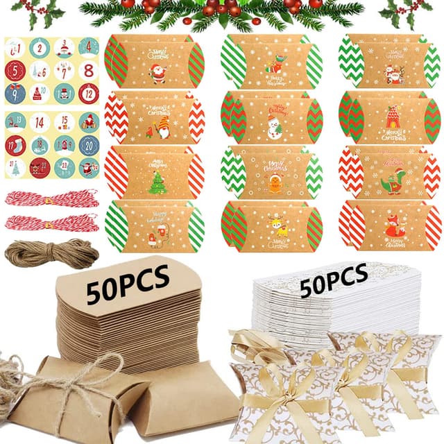124 Stück Weihnachten Geschenkbox Verpackung Klein Faltschachtel Kraftpapier Box Kissenschachteln Mit Deko-Etiketten Und Zahlenaufklebern Für Süßigkeiten, Schmuck