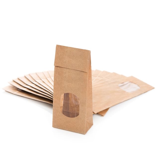 Braune Blockbodenbeutel, 25 Stück: Papiertüten mit Sichtfenster, Tüten Klein, Teetüten Braun, Geschenktüte für Süßigkeiten & Gewürze, Kraftpapiertüten, Papierbeutel mit Folieneinlage, 7 x 4 x 20,5 cm Braun mit Fenster 25 Stück (1er Pack)