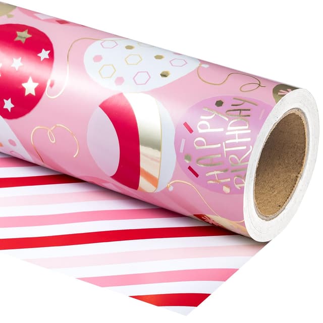RUSPEPA Wendbares Geburtstagsgeschenkpapier – Minirolle – 43,2 cm x 10 m – Glänzendes, metallisch rosa Happy Birthday-Geschenkpapier für Mädchen für Geburtstage, Feiertage, Babypartys Rosa – Ballon & Streifen