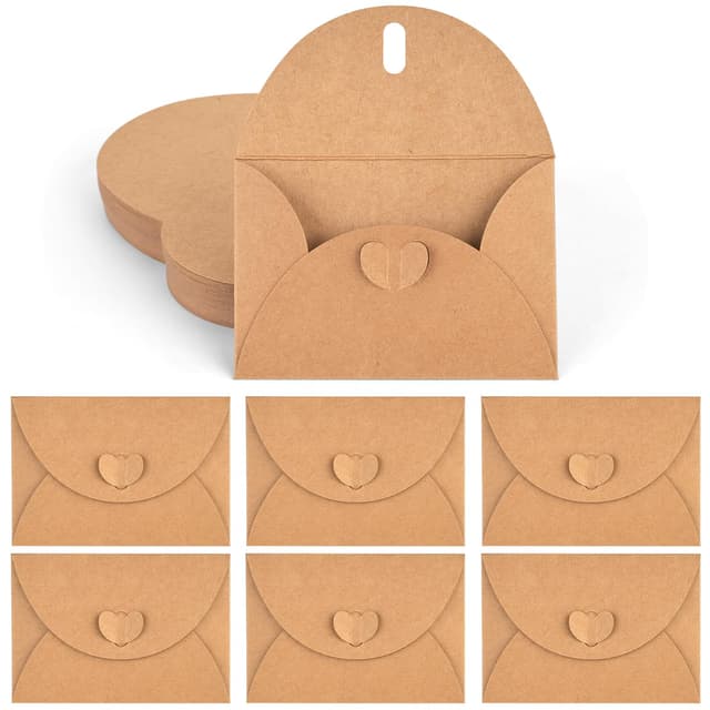 HAKACC 100 Stück Herz Briefumschläge, Mini Briefumschläge Kraftpapier Umschläge mit Herz Verschluss für Weihnachten Valentinstag Geschenkkarten