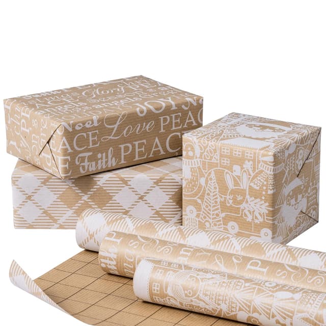 RUSPEPA Weihnachts-Geschenkpapierrolle aus Kraftpapier – 43,2 cm x 3 m pro Rolle, insgesamt 3 Rollen – weißer Weihnachtsmann, Text und Karo