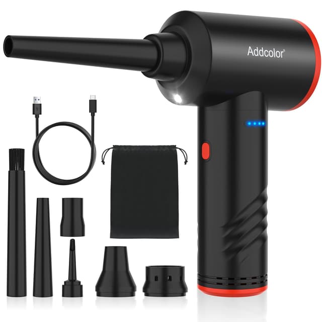 ADDCOLOR Elektrische Staubgebläse, 3-Gang 100000 U/min Compressed Air Duster Mit LED-Licht, Wiederaufladbar Druckluftspray mit 6000mAh Akku, PC Reinigungsset für Tastatur, Auto, Sofa Schwarz