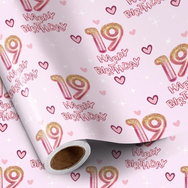 RUSPEPA Geschenkpapier zum 19. Geburtstag für Mädchen, Herzen und rosa Luftballons mit der Zahl 19, Happy Birthday-Design, 19 Jahre alt,43,2 cm x 5 m, perfekt für Geburtstagsparty für Mädchen Alter 18