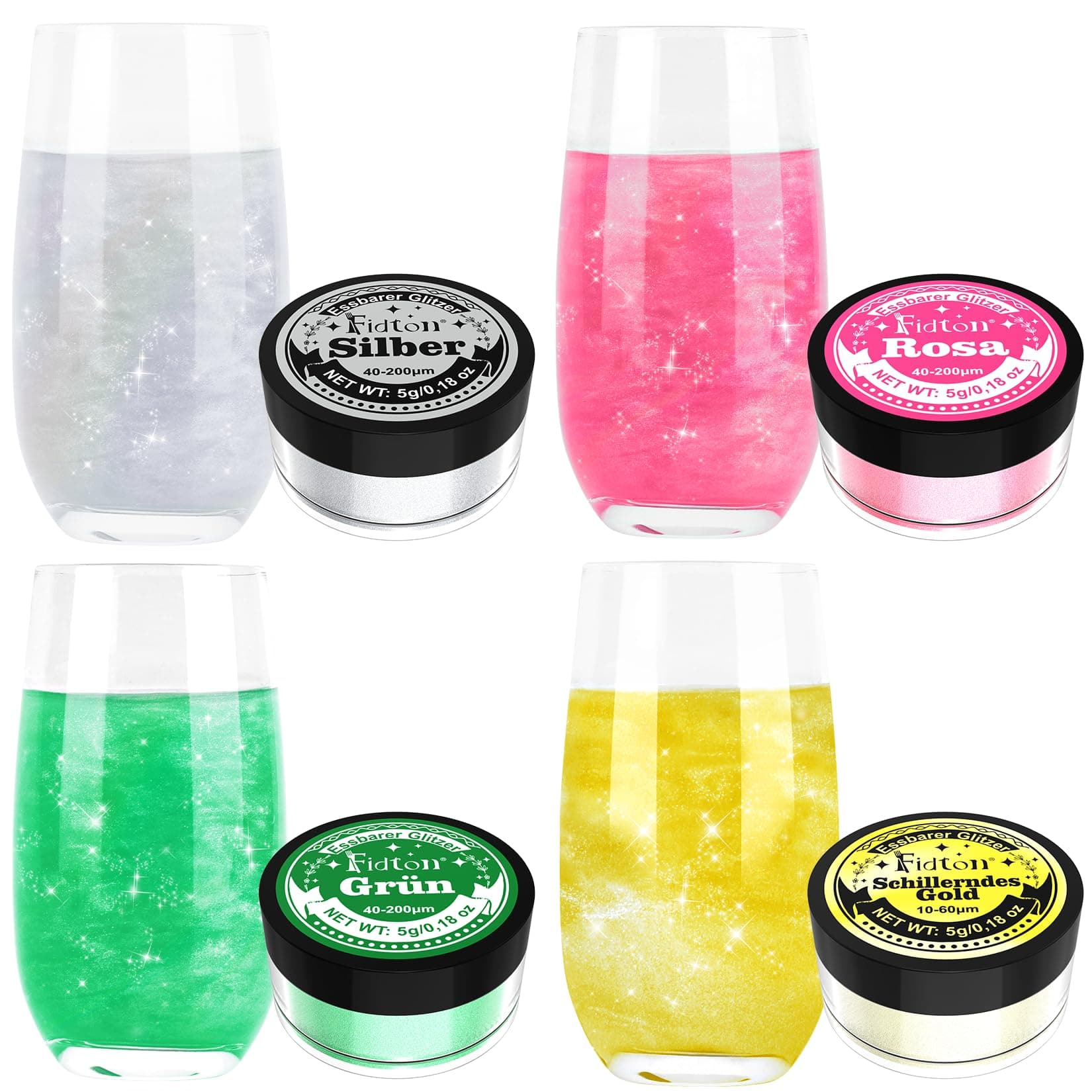 Essbarer Glitzer für Getränke - Fidton 4 Farben Edible Glitter Lebensmittelfarbe Pulver für Fondant Gold, Glitzer Essbar Glitzerpulver für GeträNke, Goldpulver Essbar für Tortendeko - 5 g/Flasche Rosa, Grün, Silber und Schillerndes Gold