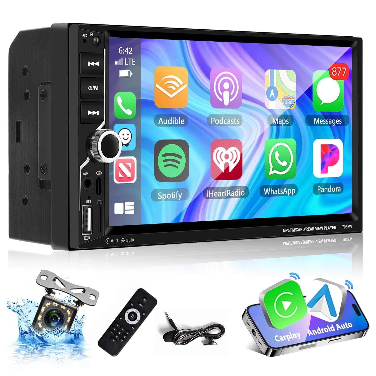 Podofo Carplay 2 Din Car Stereo, 7 Zoll Bluetooth Autoradio, Doppel Din Radio Unterstützung Wireless Android Auto/Touchscreen/Bluetooth 5.1/MirrorLink/FM/USB/AUX/Laden/Fernbedienung + Rückfahrkamera +Carplay 2025upgrade