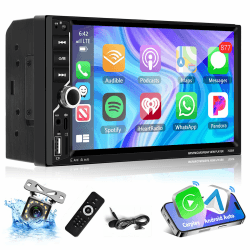 Podofo Carplay 2 Din Car Stereo, 7 Zoll Bluetooth Autoradio, Doppel Din Radio Unterstützung Wireless Android Auto/Touchscreen/Bluetooth 5.1/MirrorLink/FM/USB/AUX/Laden/Fernbedienung + Rückfahrkamera +Carplay 2025upgrade