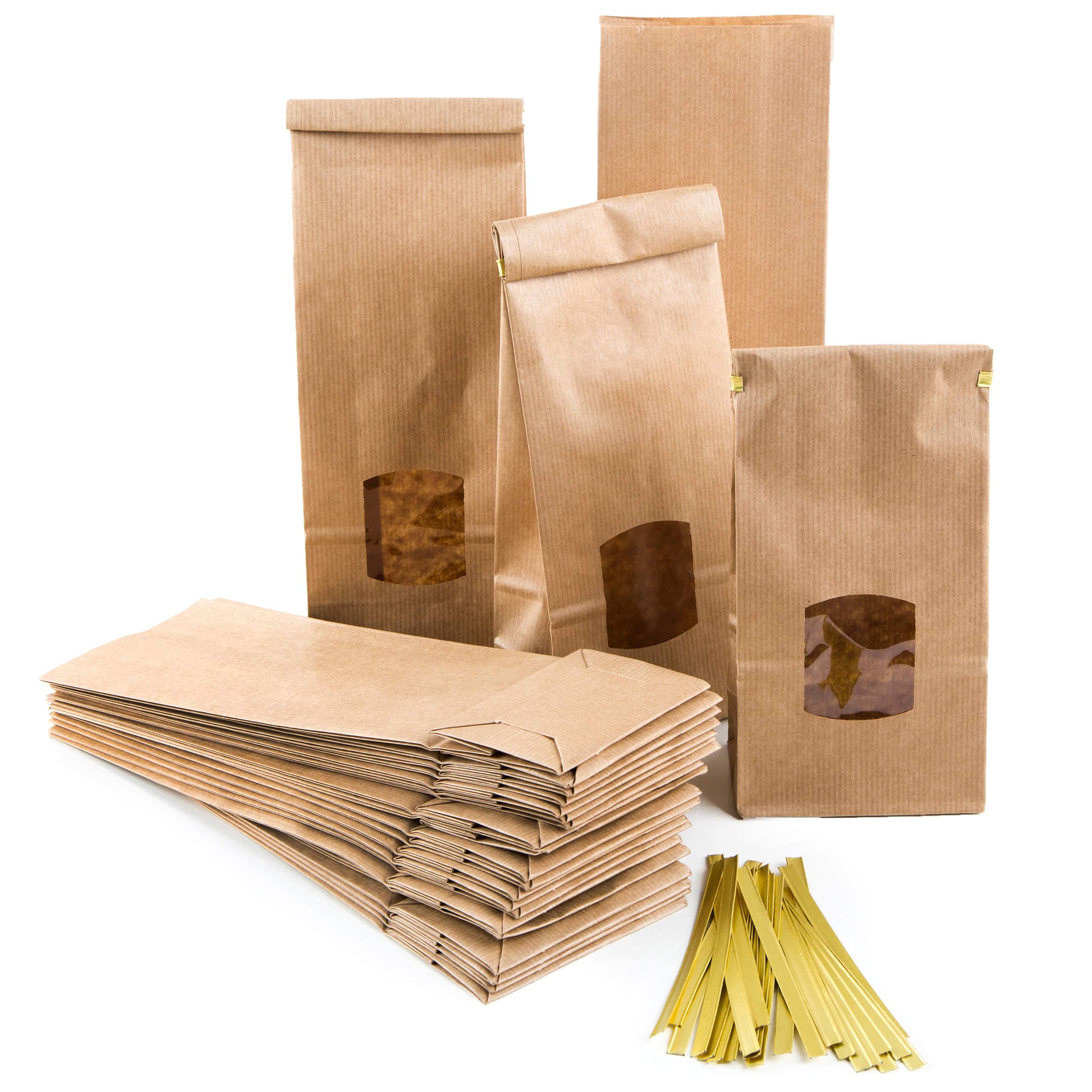 Große Blockbodenbeutel, 10 Stück: Papiertüten mit Fenster, Tüten Groß, Teetüten Braun, Geschenktüten für Lebensmittel, Tee & Gewürze, Kraftpapiertüten, Papiertaschen mit Clips, 10 x 6,5 x 27,5 cm 10,5 X 6,5 X 29 Cm mit Fenster 10 Stück